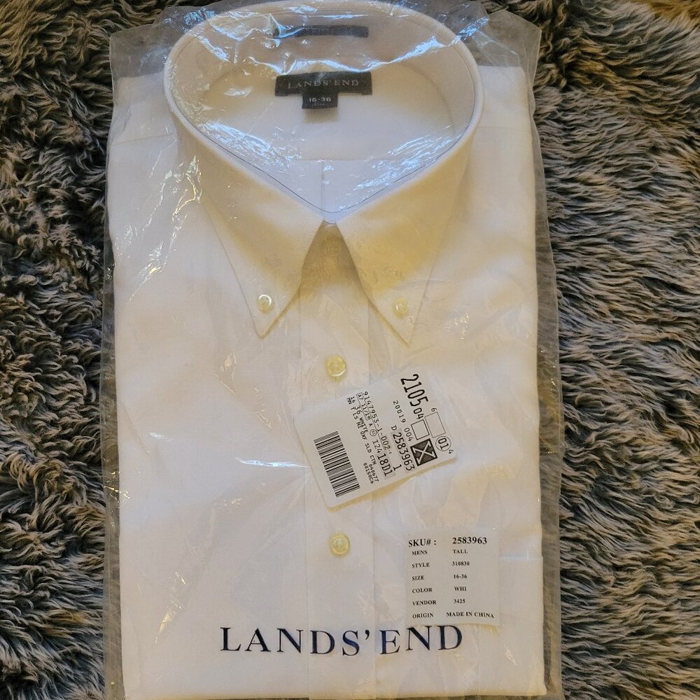 Lands' End Mens Button Down Shirt 16-36 Tall Solid White No Iron Pinpoint Oxford - Picture 2 of 4